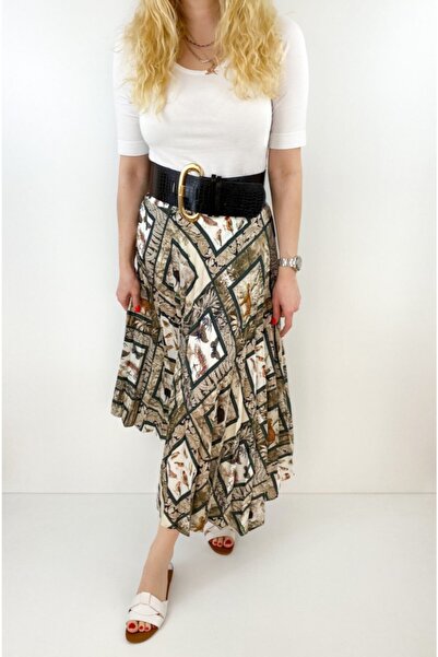 Modaonna Kadın Kahverengi Asimetrik Pliseli Desenli Etek