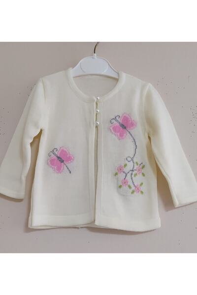 SİNAY TRİKO Baby Girl Beige Sleeve Patterned Knitwear Cardigan