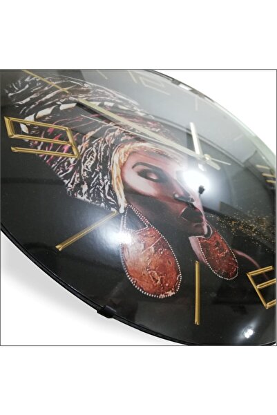 M3DECORİUM Esmer Küpeli Sarıklı Kadın Kız Başı Resimli 35 cm Bombe Camlı Salon Ev Ofis Okul Duvar Saati