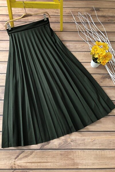 Rimel Mod Khaki Colored Pleated Long Skirt
