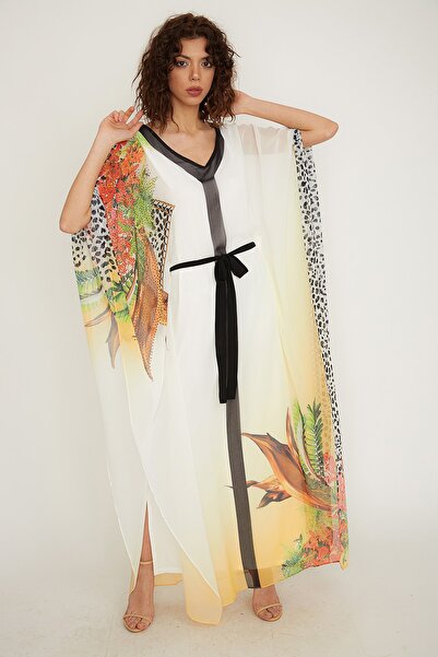 Fabienne Kadın  Şifon, Baskılı Taşlı Egzotik Kaftan Kimono Elbise
