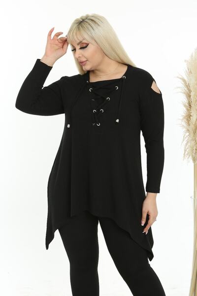 Kheos Tunica elastică cu mânecă lungă asimetrică, cu decolteu pe umăr, cu legături în piept