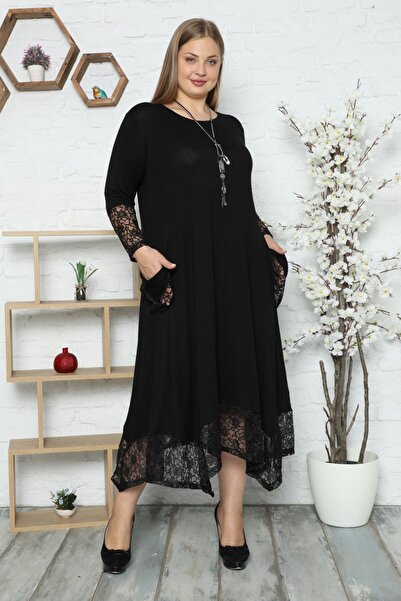 Kheos Long Sleeve Dress with Sleeve Pocket and Lace Hem