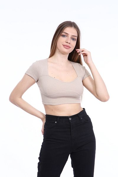 KİM Kİ O Women's Stone Color Front Detailed Crop
