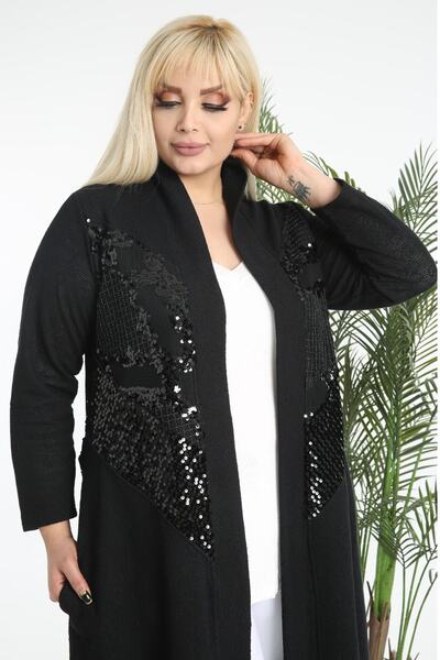 Kheos Black Jacquard Knitted Cardigan - Sequin Detailed, Pocket and Belt