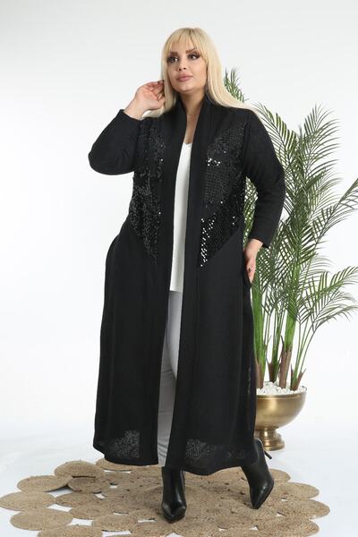 Kheos Black Jacquard Knitted Cardigan - Sequin Detailed, Pocket and Belt