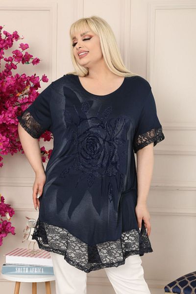 dekordünyası Women's Navy Blue Skirt and Sleeves Lace Flocked Printed Rose Motif Tunic