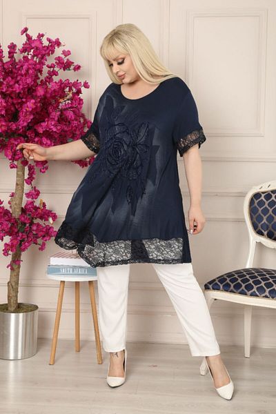dekordünyası Women's Navy Blue Skirt and Sleeves Lace Flocked Printed Rose Motif Tunic