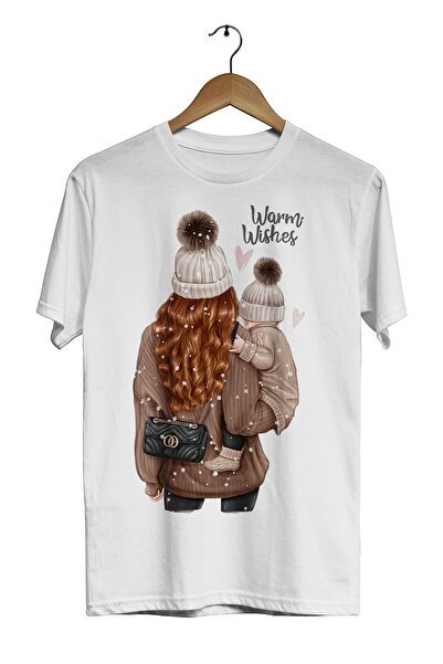 ACR Giyim تي شيرت أبيض للجنسين مطبوع رقميًا بأمنيات دافئة للأم والطفل