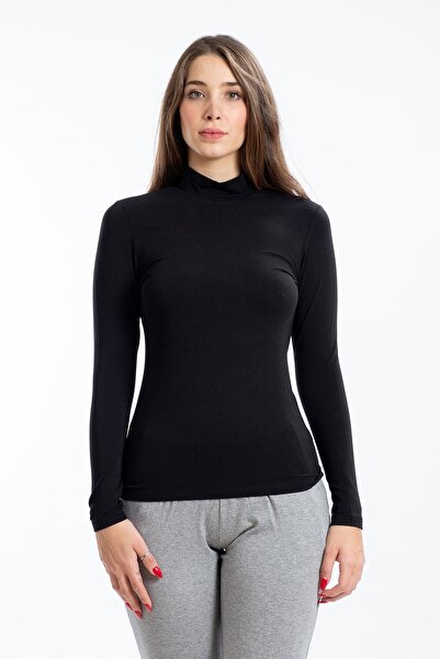 SEASOUL بلوزة نسائية سوداء من الخيزران بنصف الياقة المدورة