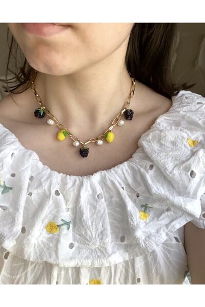 Neta Kadın Sarı Murano Cam Meyveli Altın Kaplama Kolye