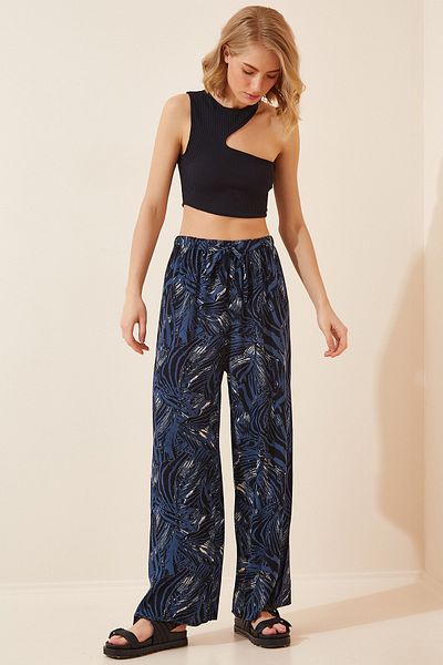 Happiness İstanbul Women's Cobalt Blue High Waist Summer Loose Viscose Pants BH00354