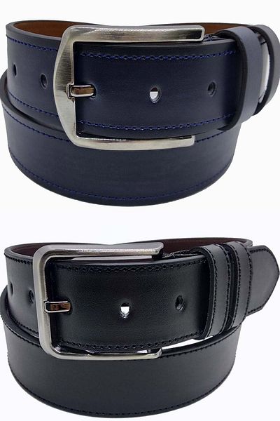 Gutiero Ανδρική Δερμάτινη Ζώνη 2 τμχ Μαύρο Navy Blue Ραμμένο 4 εκ