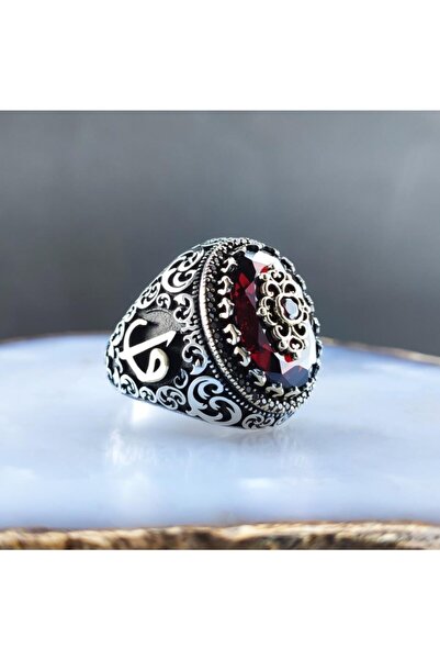 OSMANLI GÜMÜŞ Vav Elif Işlemeli Kırmızı Zirkon Taşlı Erkek Gümüş Yüzük Gyzgms...