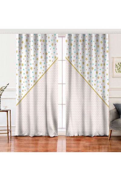 Realhomes Colorful Geometric Patterned Digital Printed Double Wing Curtain