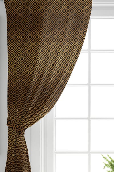 Realhomes Double Wing Black Geometric Patterned Digital Printed Background Curtain on Gold Backdrop