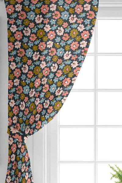 Realhomes Double Wing Colorful Flower Pattern on Black Background Digital Printed Backdrop Curtain
