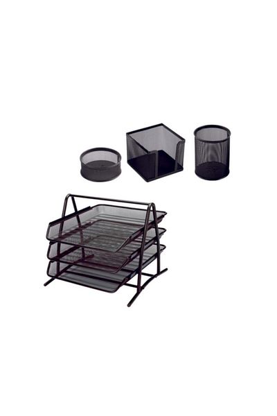 Gen-Of Metal Office Set 5-Piece Black (Evrak Shelf 3-Piece + Trash Can + Pen Holder + Cube Note Holder+Strap Holder)