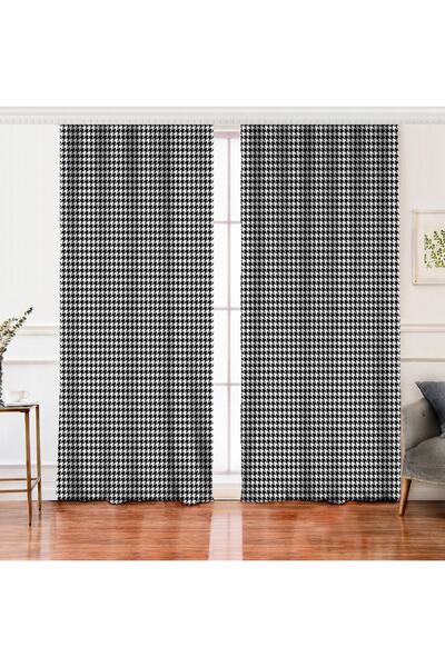 Realhomes Çift Kanat Beyaz Zemin Üzerinde Siyah Ekose Desenli Dijital Baskılı...