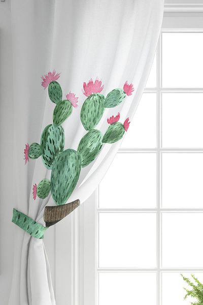 Realhomes Cortina de fundal imprimată digital cu model de cactus pe fundal alb cu o singură aripă
