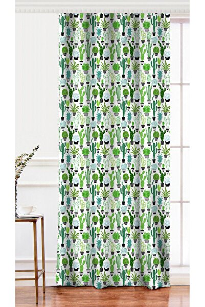 Realhomes Tek Kanat Beyaz Zemin Üzerinde Yeşil Kaktüs Desenli Dijital Baskılı...
