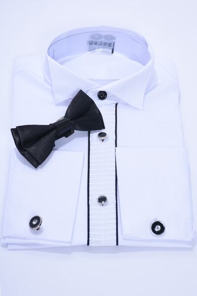 ceocuk Çocuk Beyaz Renk Siyah Biyeli Papyonlu Uzun Kol Kol Düğmeli Çocuk Gömleği