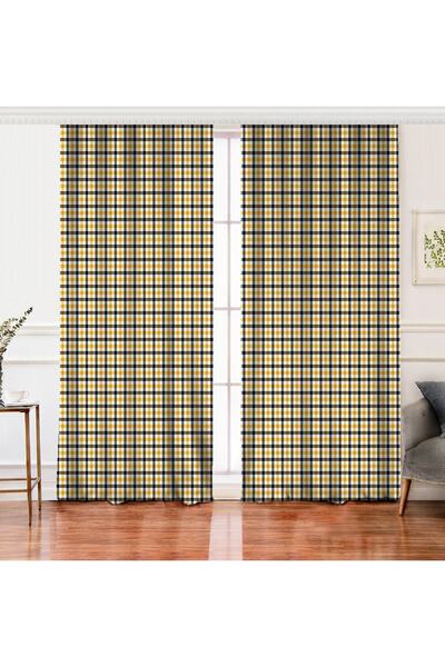 Realhomes Çift Kanat Beyaz Zemin Üzerinde Siyah Sarı Ekose Desenli Dijital Ba...