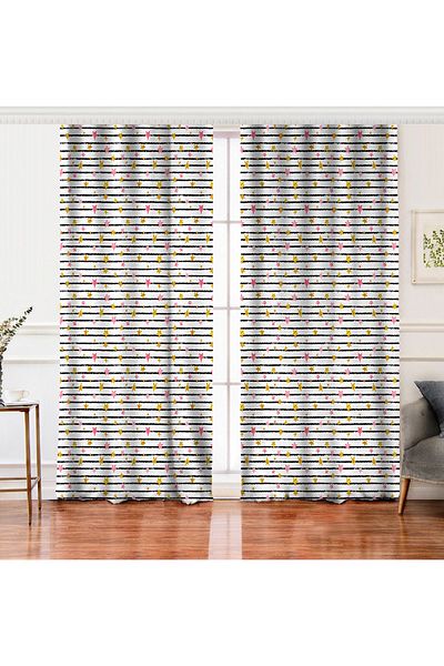 Realhomes Aripă dublă, cu dungi negre, model de stele colorate, fundal imprimat digital, perdea pe fundal alb