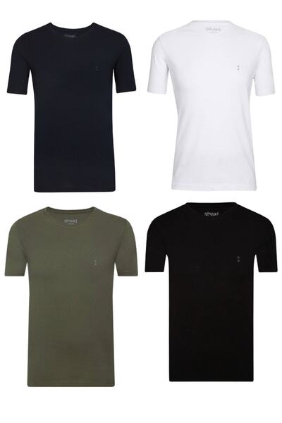SÜVARİ Siyah-Lacivert-Beyaz-Haki Classics Basic Fit Pamuk Yuvarlak Yaka 4lü T...