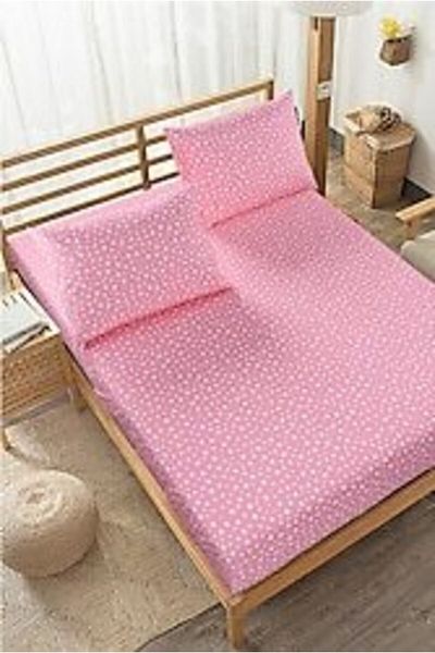 mer-tim ezberbozan ev tekstili Mer-tim Cotton Ranforce Single Sheet and Pillowcase Without Elastics - Pink Star Pattern