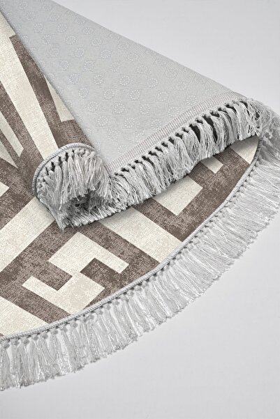 Alanur Home Alanur Trend Non-Slip Base Oval Fringed Digital Bathroom Set Beige