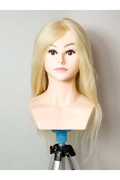 PRODİVA Kuaför Eğitim Mankeni Omuzlu - Gerçek Saç - Kuaför Eğitim Puppeti - Standart Platin 55 Cm