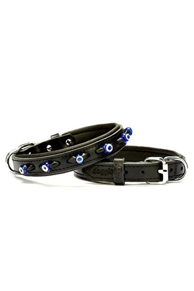 Doggie Comfort Deri Nazar Boncuklu Köpek Boyun Tasması Medium Siyah 2x35-40 Cm