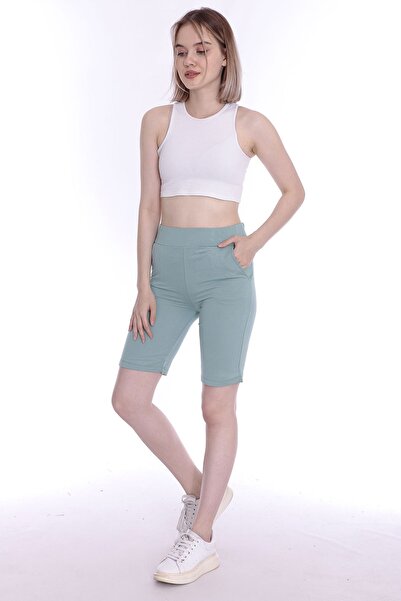 MİSSWOMEN Kadın Açık Yeşil Beli Lastikli Cepli Spor Şort