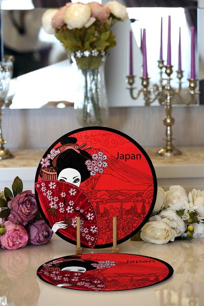 Realhomes 2'li Kırmızı Yelpazeli Şaman Japan Kadın Dijital Baskılı Modern Yuv...