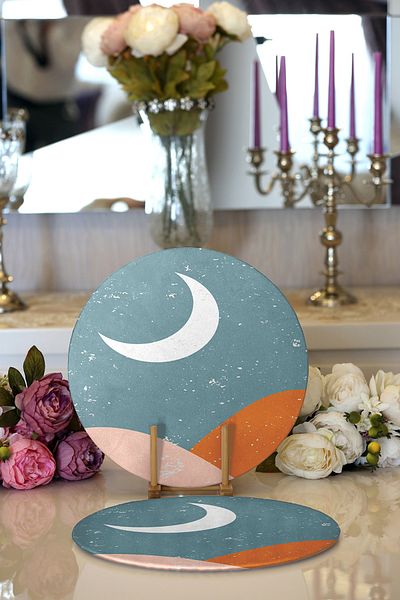 Realhomes Farfurie rotundă modernă, 2 bucăți, cu model lunar pastel, imprimate digital, pe podea