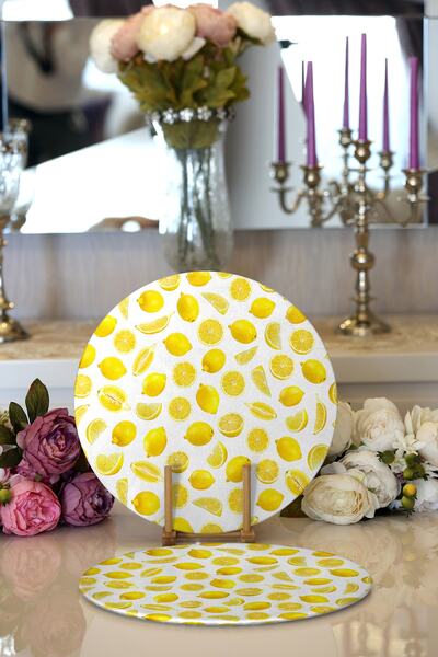 Realhomes 2'li Limon Desenli 3d Dijital Baskılı Modern Yuvarlak Supla & Servis Altlığı