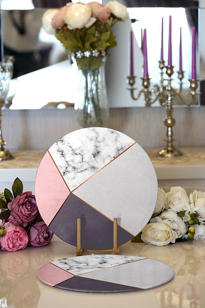 Realhomes 2-Piece Colorful Geometric Patterned Marble Motif Digital Printed Modern Round Plate & Placemat