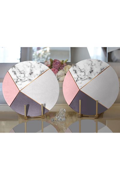 Realhomes 2-Piece Colorful Geometric Patterned Marble Motif Digital Printed Modern Round Plate & Placemat