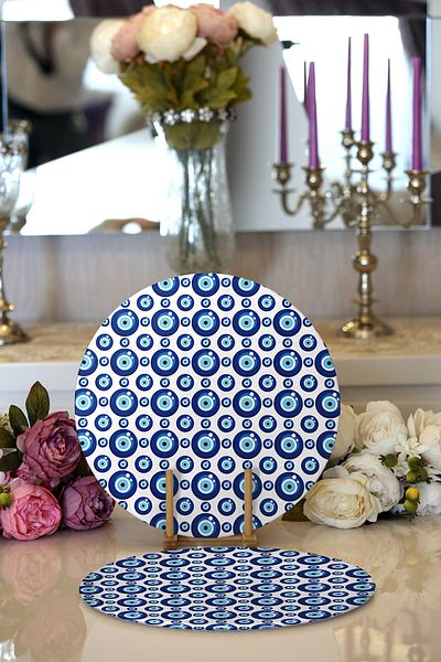 Realhomes 2 bucăți Evil Eye Bead Motive Digital Printed Modern Round Charger & Placemat