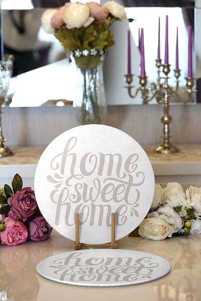 Realhomes Σετ 2 ανοιχτό γκρι Home Sweet Home Μοντέρνα στρογγυλά πιάτα & σουπλά