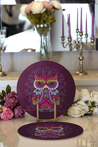 Realhomes 2'li Mor Zemin Üzerinde Otantik Baykuş Desenli Modern Yuvarlak Supl...