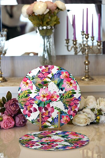 Realhomes 2'li Beyaz Zemin Üzerinde Renkli Çiçek Desenli Yuvarlak Supla & Ser...