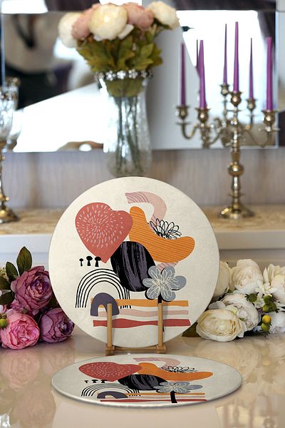 Realhomes Σετ 2 μοντέρνων σχεδιασμένων Bohemian Drawing Digital Printed Μοντέρνα Στρογγυλά Σουβέρ & Σουβέρ