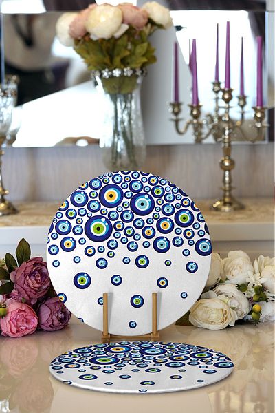 Realhomes Σετ 2 Evil Eye Bead Motif Digital Printed Μοντέρνα στρογγυλή πλάκα και σουπλά