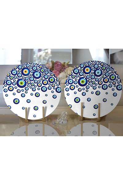 Realhomes Σετ 2 Evil Eye Bead Motif Digital Printed Μοντέρνα στρογγυλή πλάκα και σουπλά