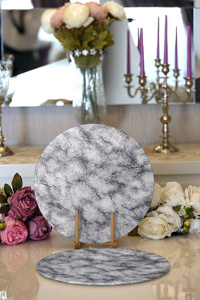 Realhomes Set of 2 Black Marble Patterned Round Charger & Placemat on White Background