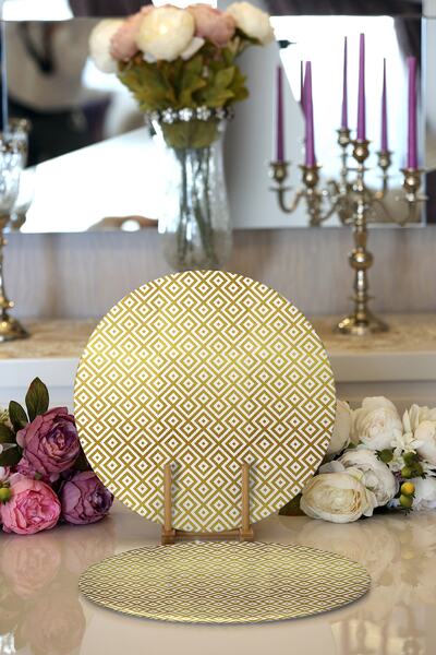 Realhomes 2'li Altın Renkli Geometrik Desenli Özel Tasarım Modern Yuvarlak Supla & Servis Altlığı