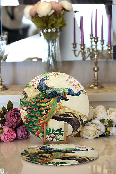 Realhomes Σετ 2 Peacock Digital Printed Μοντέρνα Στρογγυλή Σουπλά & Σουπλά