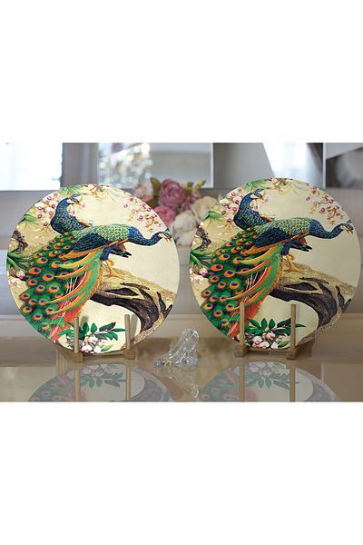 Realhomes Σετ 2 Peacock Digital Printed Μοντέρνα Στρογγυλή Σουπλά & Σουπλά